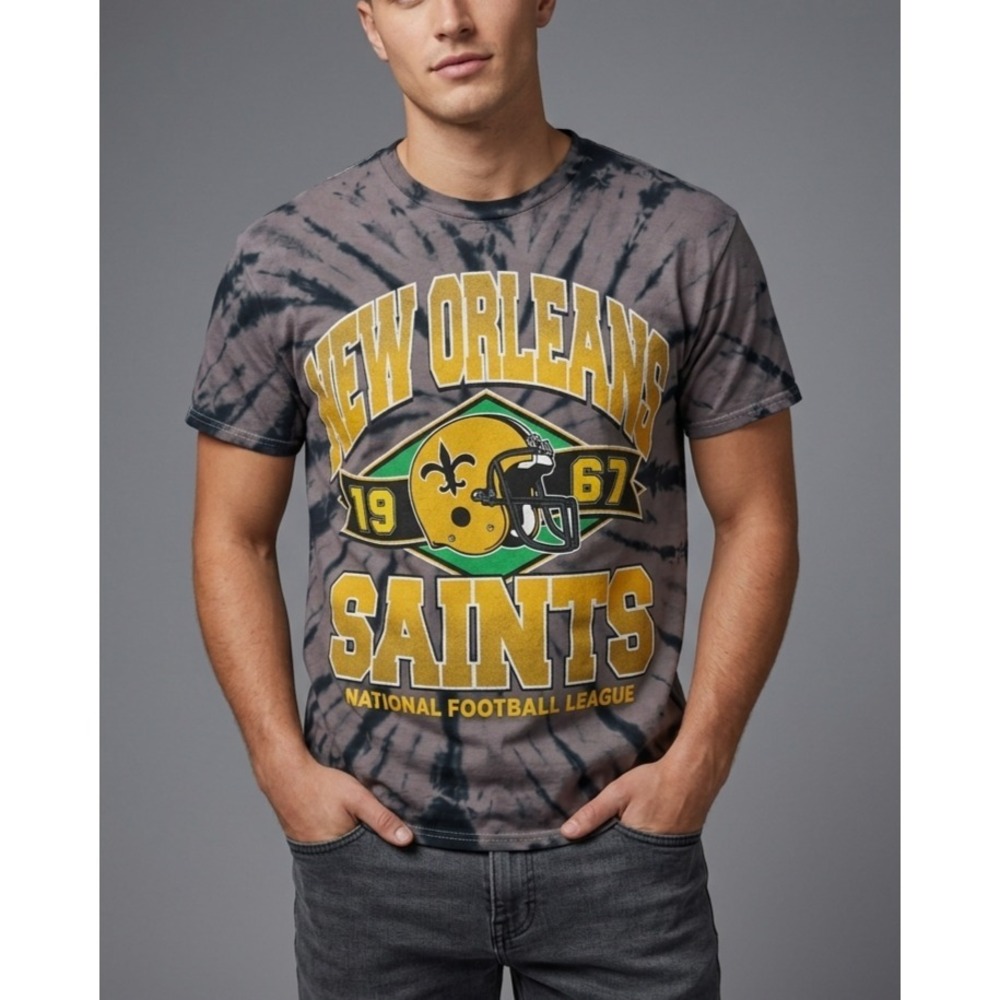 New Orleans Saints Vintage Tubular S T-Shirt Black Tie Dye Graphic Short Sleeve
